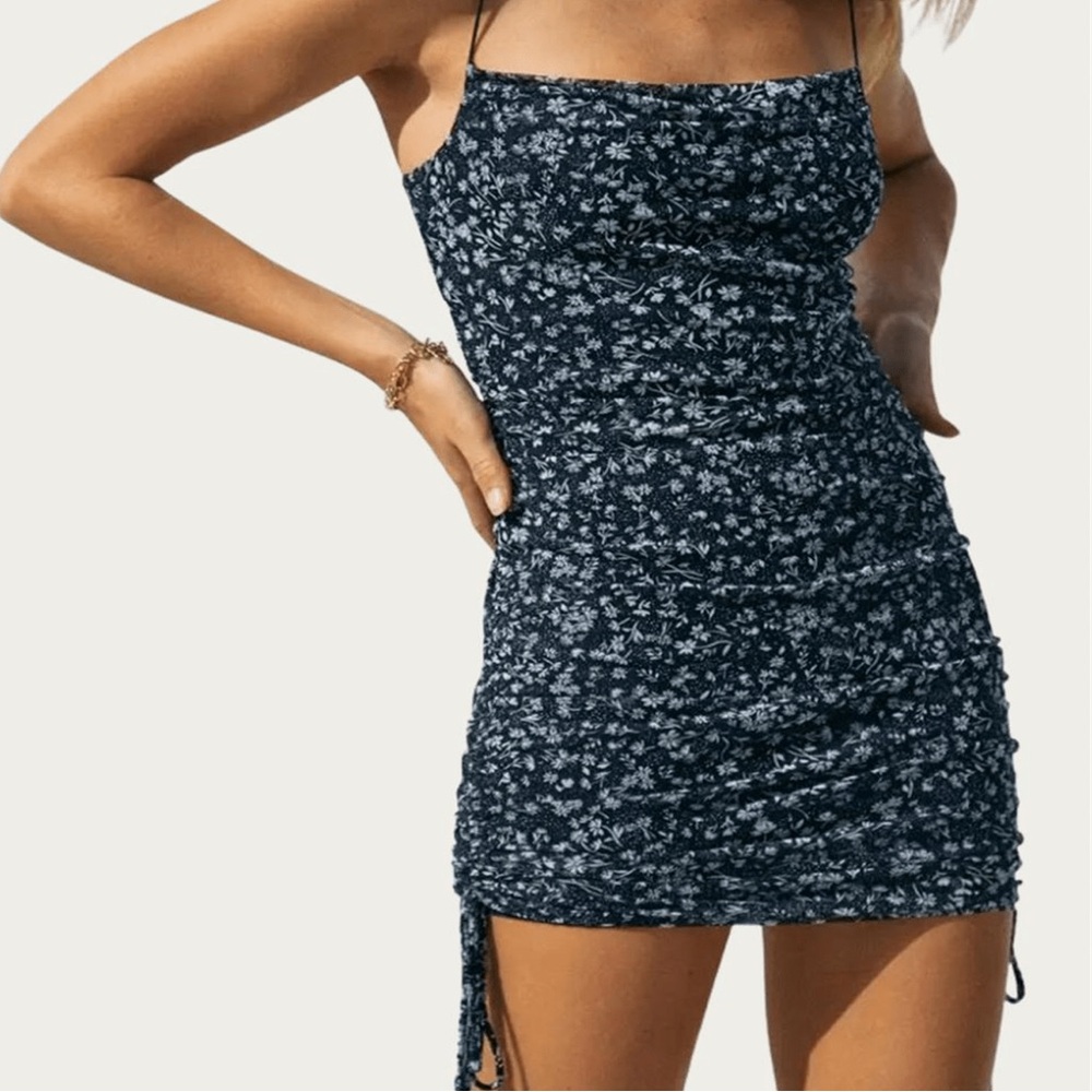 Endless Blu Ruched Floral Mini Dress Womens Size L